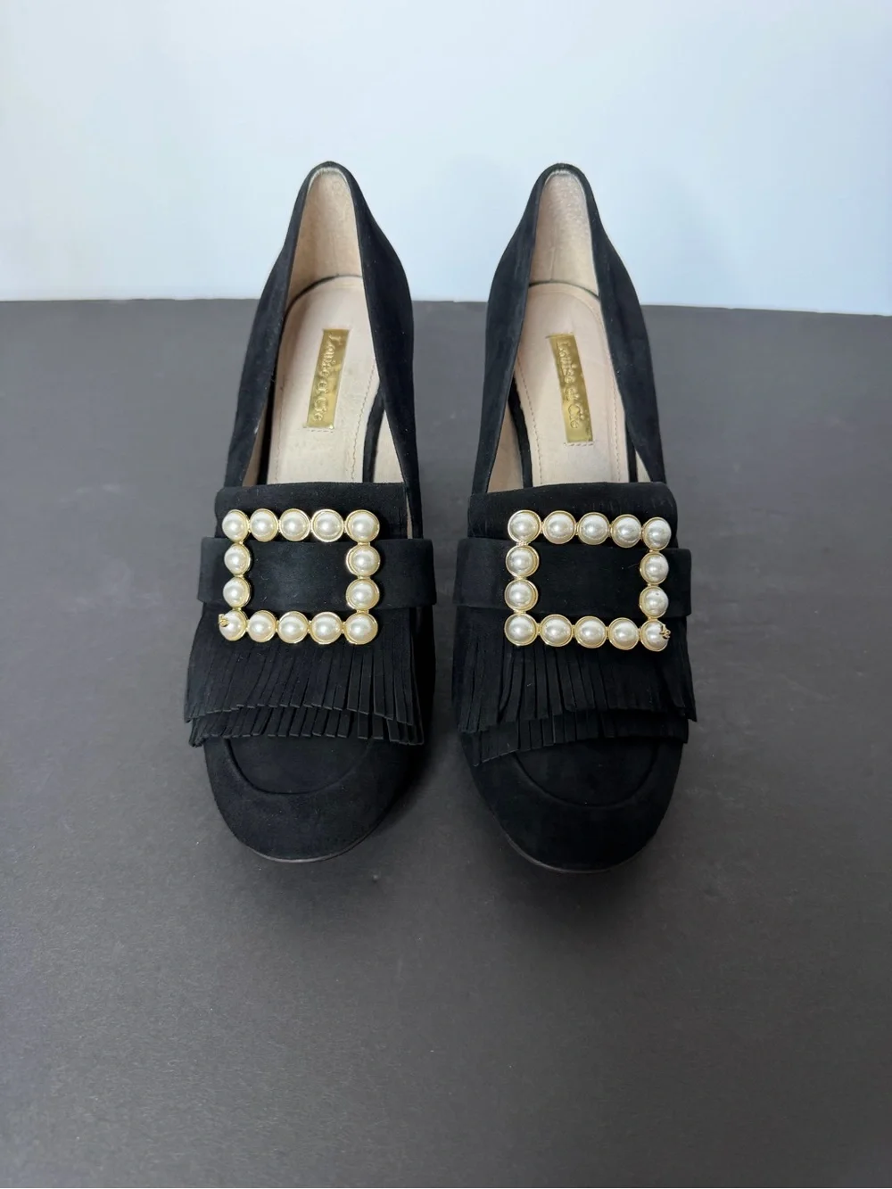 Louise et Cie Black Suede Pearl-Buckle Fringe Pumps